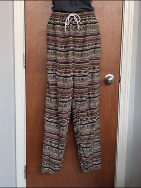 Wide Leg Drawstring Pants in Brown Multi-Stripe